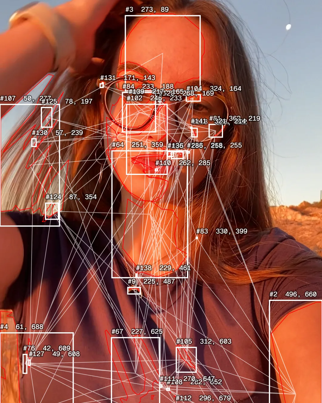 A woman’s face and hair covered in white boxes, each numbered with its position and linked to the others by thin lines