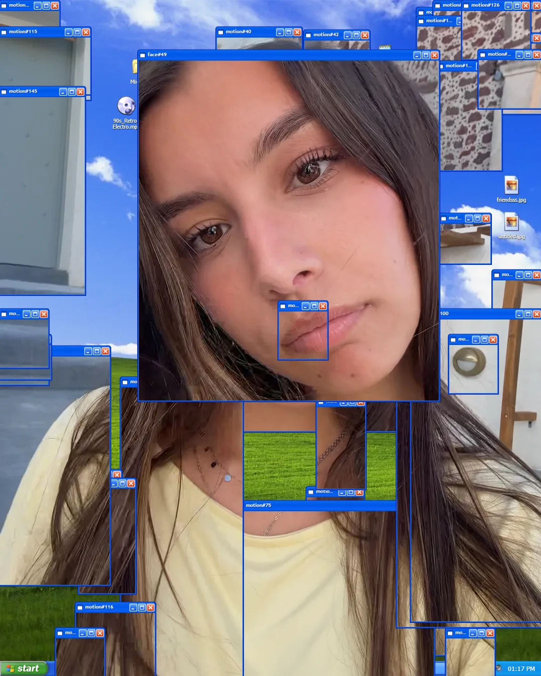 A woman’s face cut into a trail of overlapping desktop windows with blue title bars