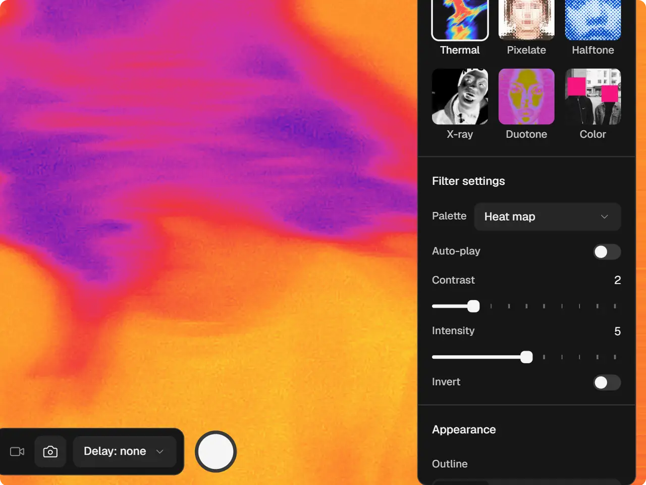 The Portal effect’s controls, Contrast at 2 and the Heat map palette chosen, over a woman in the Thermal effect