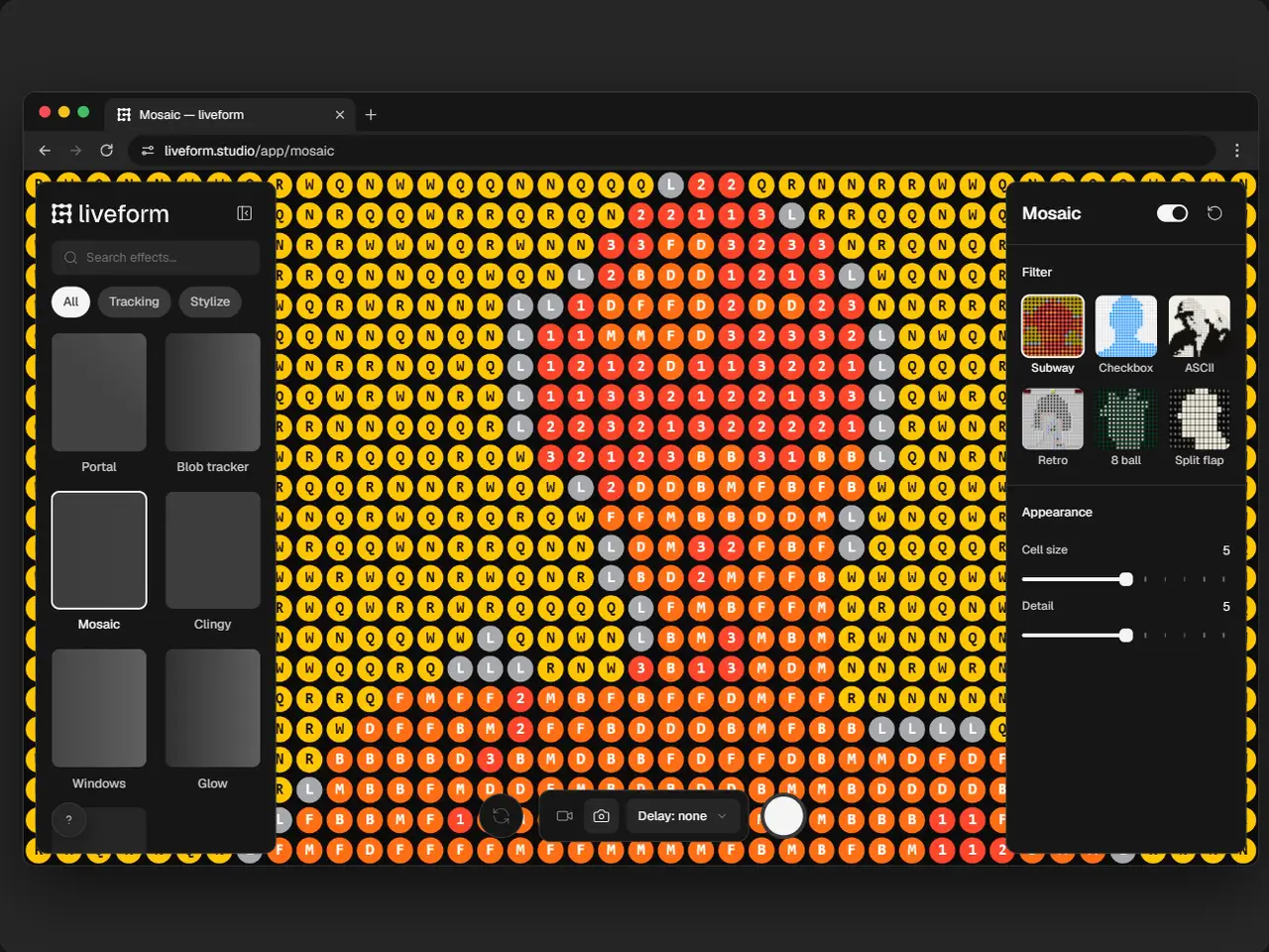 liveform.studio open in a browser, the studio running the Mosaic effect’s Subway style