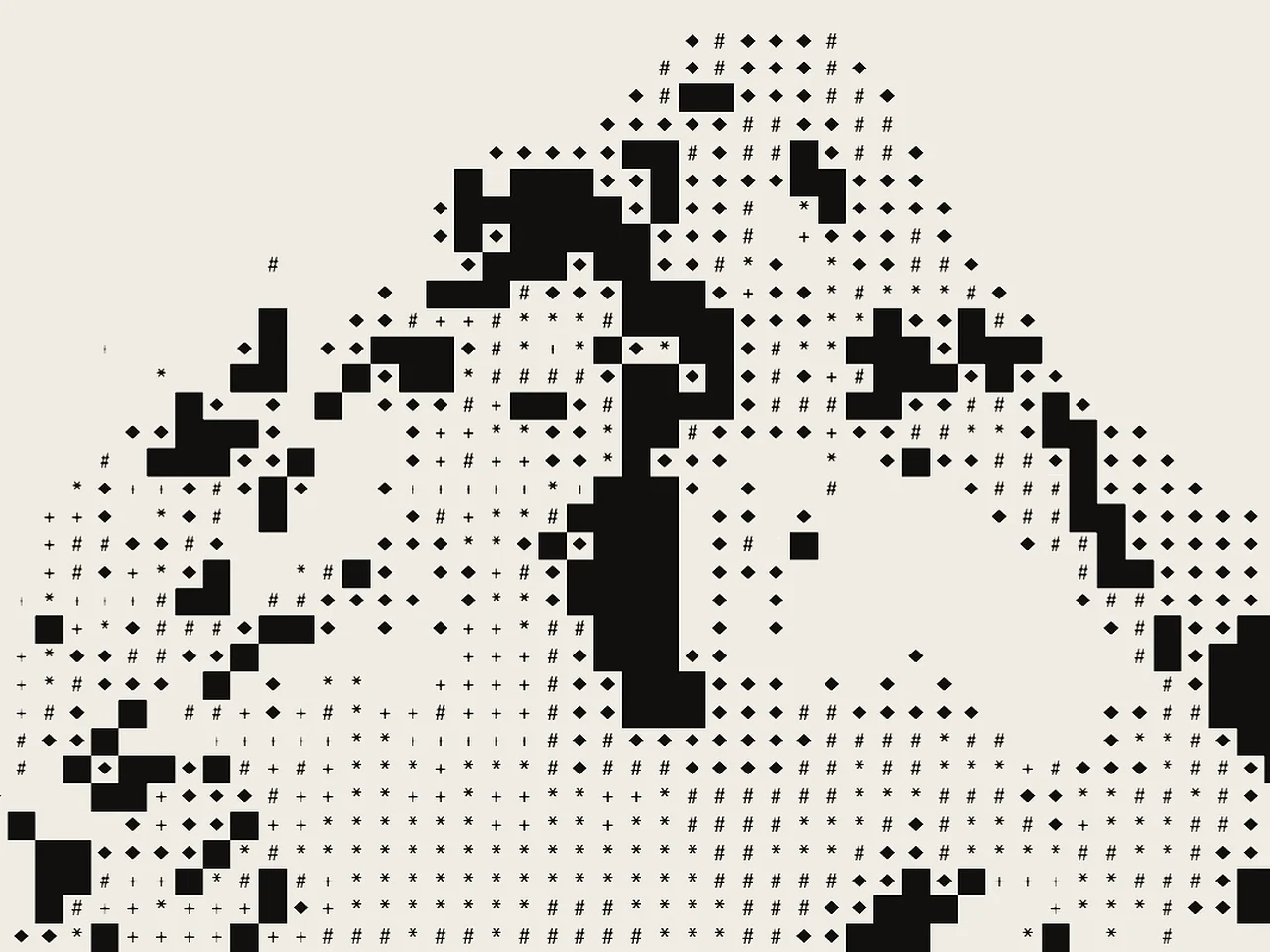 The Mosaic effect redrawing a man in ASCII type as he raises his arms and waves